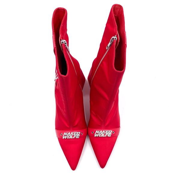 Naked Wolfe Viva Satin Boots Red Pointed Toe Block Heel Ankle Logo Sz 10 - Picture 2 of 10